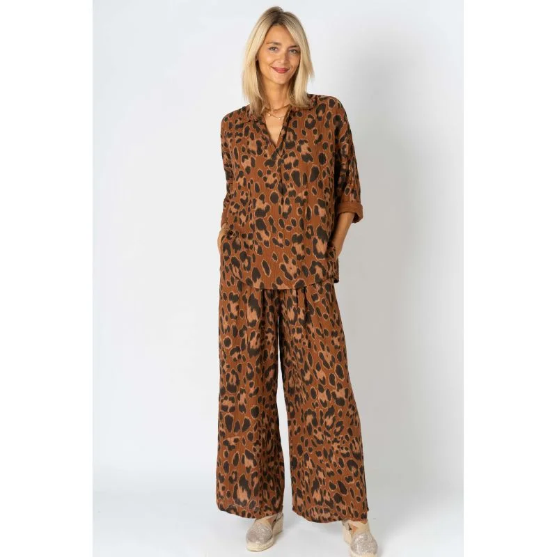 Frayed PantsLook Mode Cheetah Print Wide Leg Pants In Rust