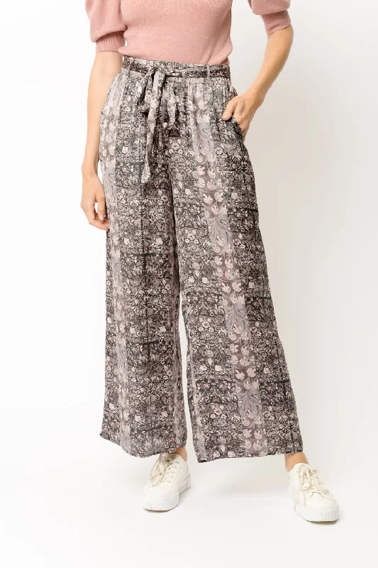 Straight-legMystree Charcoal Floral Print Satin Wide Leg Pants