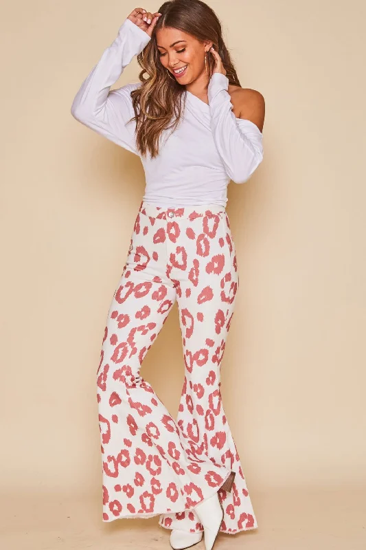 Low-risePeach Love Dee Bell Bottom Pants In Crimson Animal Print