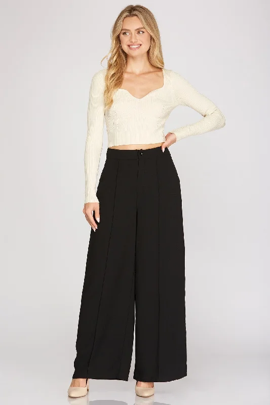 Bell-bottomsShe And Sky Woven Wide Pants With Pintuck And Side Pockets In Black