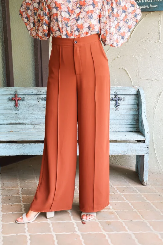 TrousersShe And Sky Woven Wide Pants With Pintuck And Side Pockets In Caramel