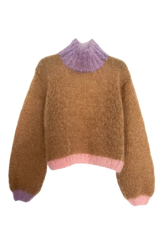 Knitted TexturedBEIGE COLORBLOCK MOCK NECK MOHAIR SWEATER