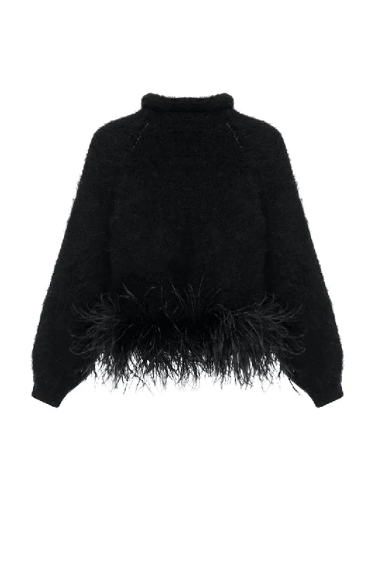 Knitted LaceBLACK HIGH-NECK KNIT WOOL SWEATER WITH FEATHER-DETAILING