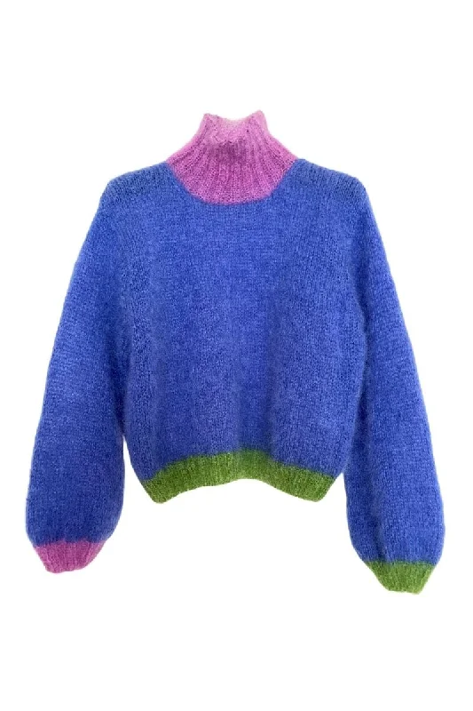 Knitted JumperBLUE COLORBLOCK MOCK NECK MOHAIR SWEATER