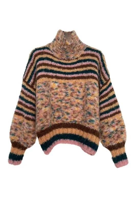 Knit EmbroideredCHOCO DOUDOU STRIPES MOCK NECK SWEATER