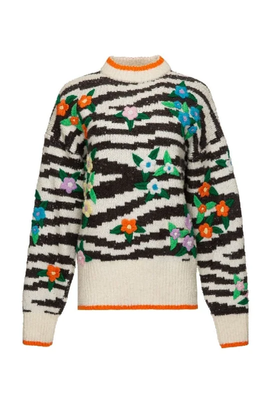 Knitted BeadedZEBRA MULTICOLOR FLORAL DETAILING WOOL-BLEND SWEATER