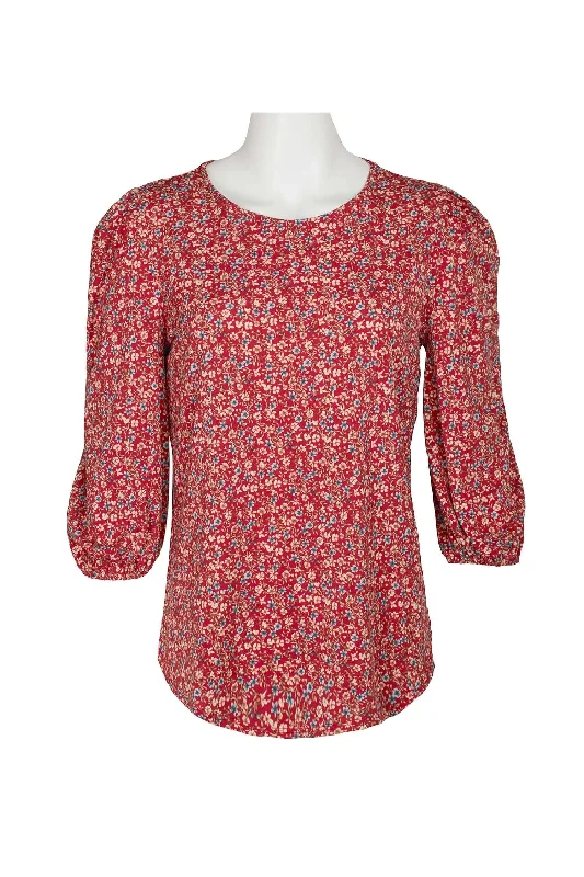 Knit LaceAdrianna Papell Scoop Neck 3/4 Elastic Cuff Sleeve Multi Print 1 Button Keyhole Back Knit Moss Crepe Top