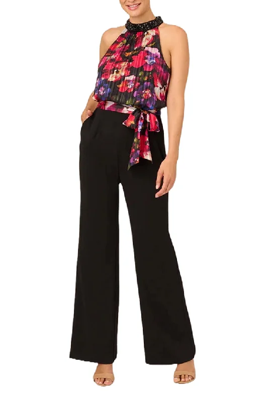 Wind PantsAdrianna Papell embellished halter neck floral print chiffon bodice zipper closure straight leg solid crepe pant