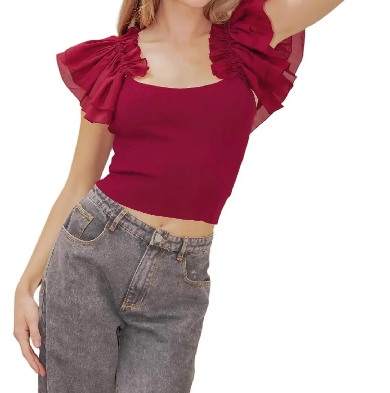 Knitted V-NeckBack Tie Organza Sleeve Knit Top In Burgundy