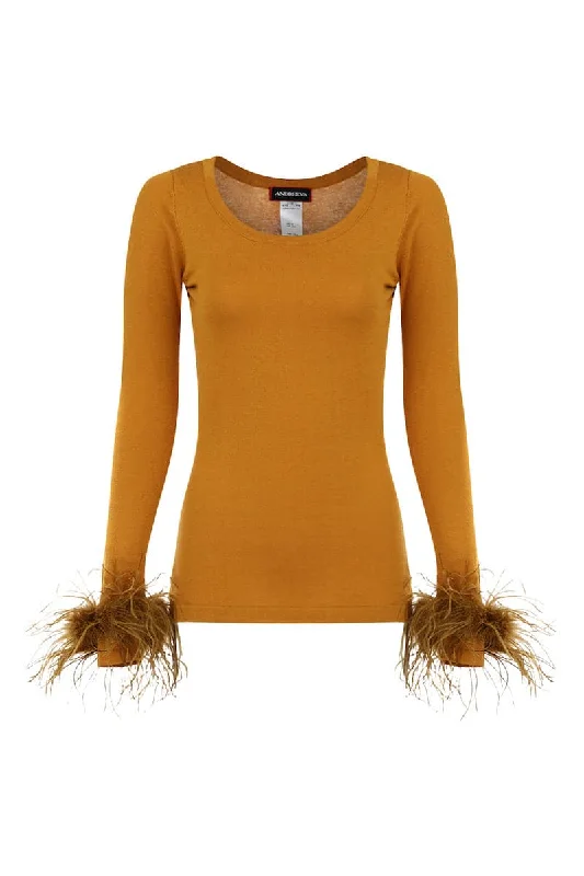 Knitted EmbroideredCAMEL KNIT TOP WITH DETACHABLE FEATHER CUFFS