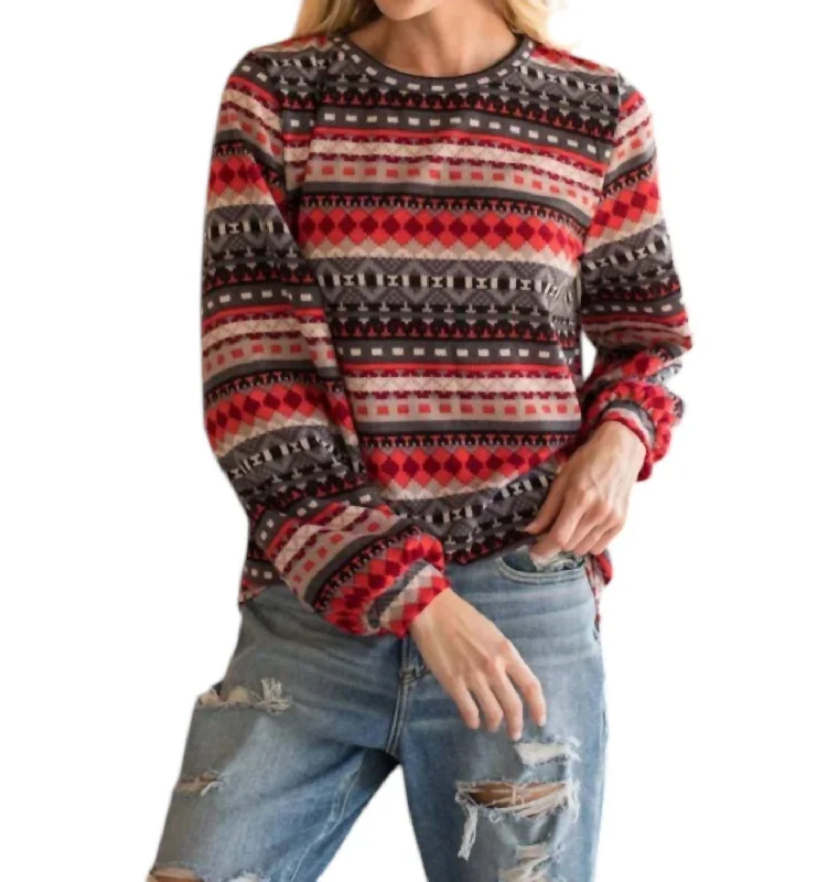 Knit TurtleneckFairaisle Patterned Knit Top In Red Multi