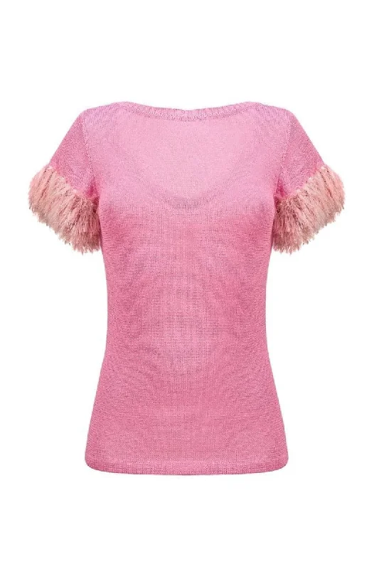 Knitted TexturedFEATHER-TRIMMED KNIT TOP