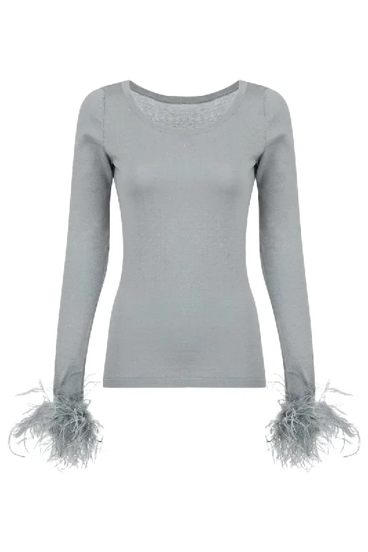 Knit EmbroideredGREY CASHMERE KNIT TOP WITH DEATACHABLE FEATHERS CUFFS