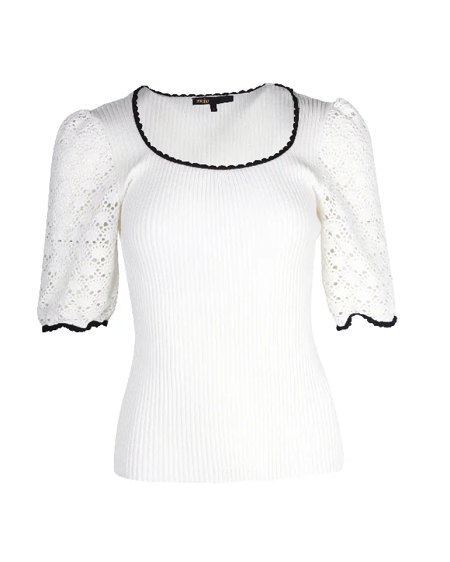 Knitted Round NeckMaje Menta Crochet Sleeve Rib-Knit Top in White Viscose