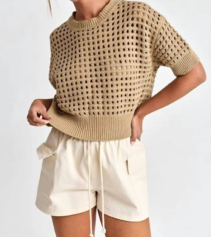 Knit V-NeckOpen Knit Crochet Top In Taupe