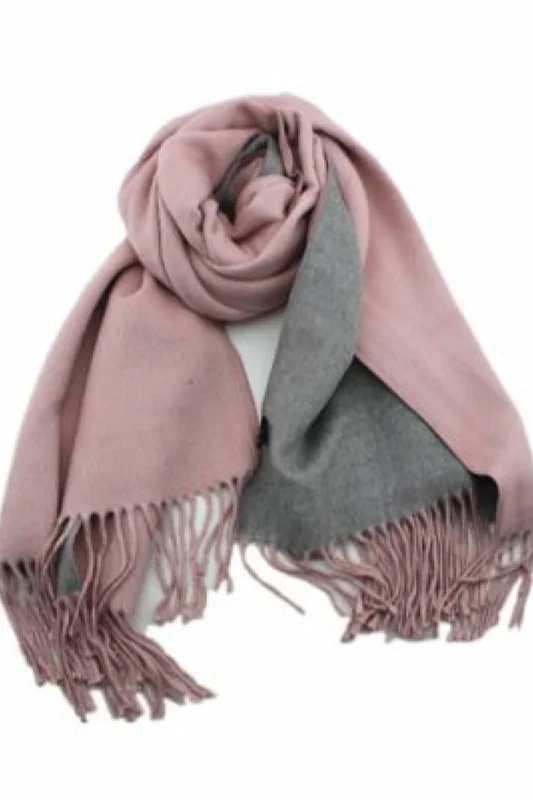 Knitted PatternedCashmere Double Reversible Pink Grey Scarf with Fringe