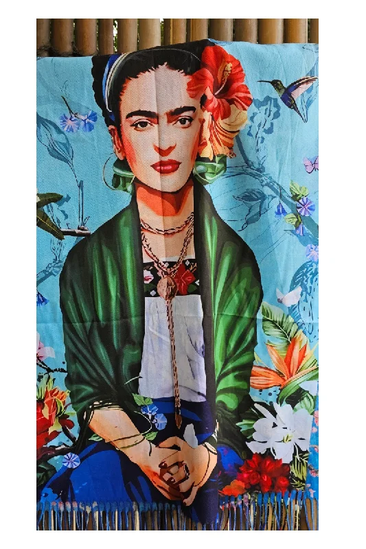 Knitted GraphicFrida Kahlo Cashmere Scarf Reversible Sky Blue Blossom Tree