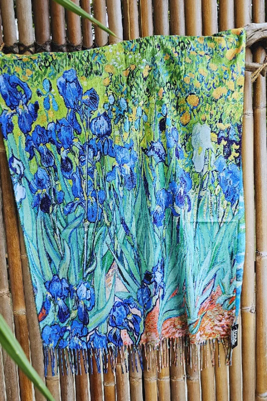 Knitted StripedMonet Cashmere Purple Lillies Reversible Fringe Scarf