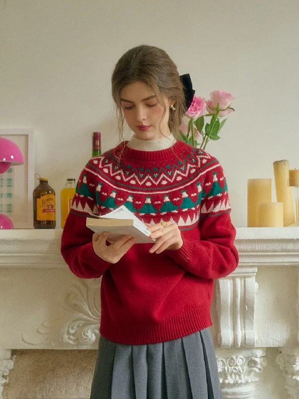 Knit LaceNatalie Fair Isle Round Neck Christmas Pattern Wool Sweater - Red