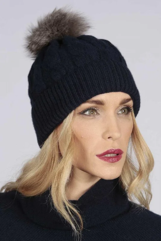 Knit Zip-UpCable Knit Wool Beanie with Real Fur Pom Pom