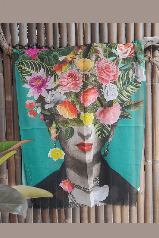 Knitted FittedZura Frida Kahlo 100% Cotton Scarf - Green Flowers