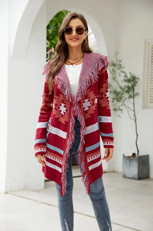 Knit TopAztec Knit Western Fringe Shawl Collar Coat